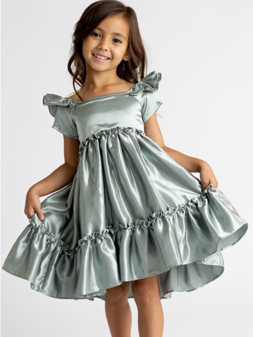 Mia Joy by Joyfolie Rory Seaglass Green Satin Ruffle Girls Dress NWT